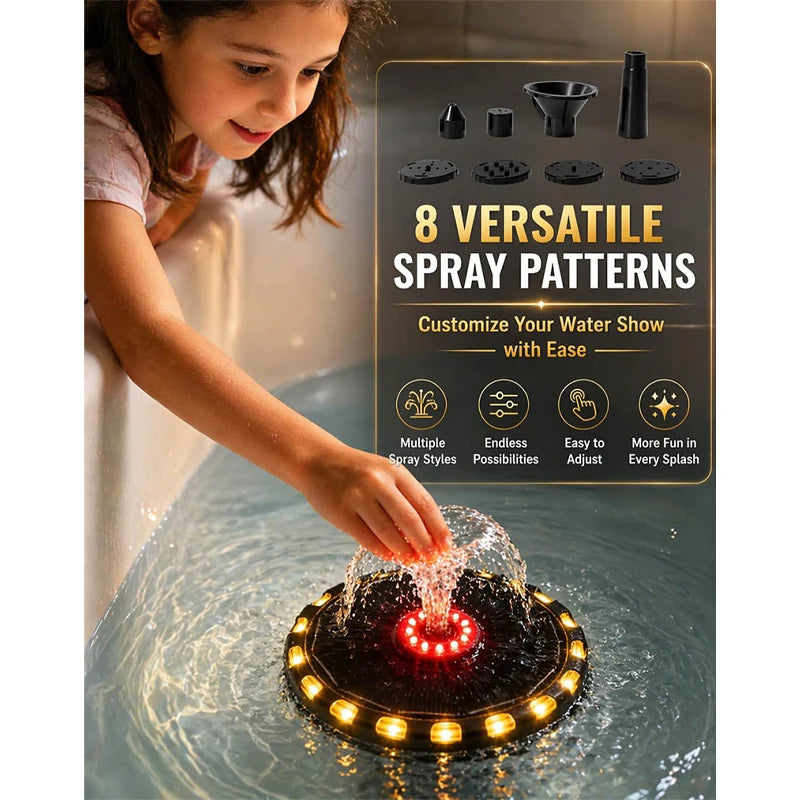 Solar Powered Floating Bath Fountain Bathtub Water Sprayer with Colorful LED Lights 8 Spray Modes Waterproof Cute Shower Toy